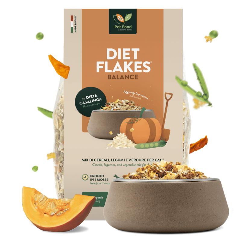 Diet Flakes balance è il mangime complementare per cani, una speciale miscela di cereali, legumi e verdure, ideale per diete casalinghe, di GIanni Guidolin by Orme Differenti