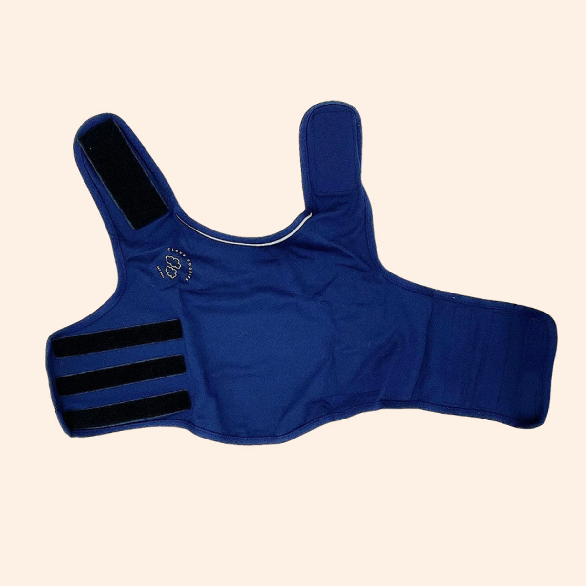 Gilet anti ansia per cani, blu, calmante, per cani stressati, resistente, a marchio Cloud Doodles distribuito da Orme Differenti