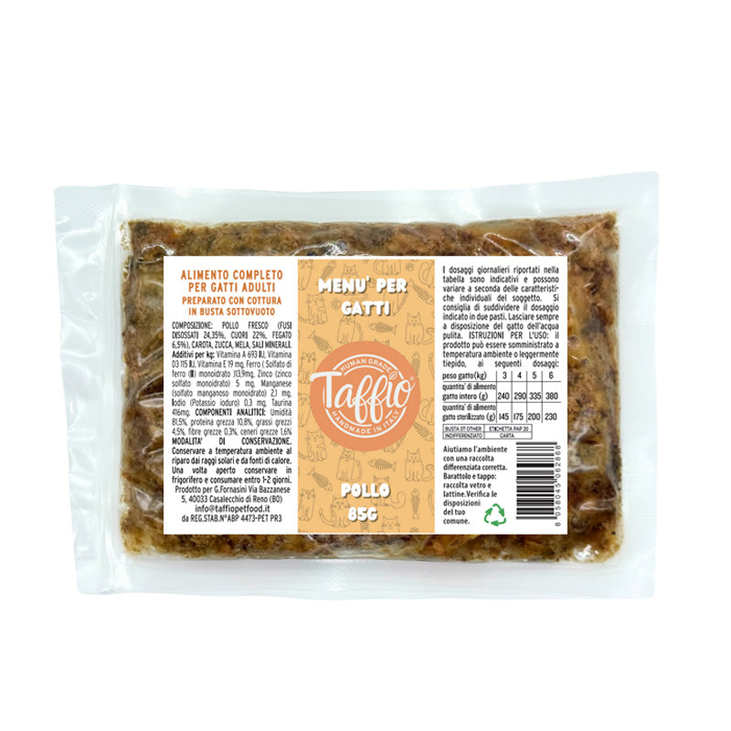 Menù in busta sottovuoto al pollo, artigianale, monoproteico, con verdure di Taffio distribuito da Orme Differenti