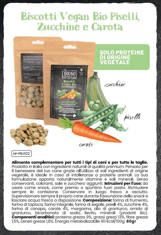 Biscotti vegan bio, con piselli, carote e zucchine, solo proteine vegetali, descrizione, di Farm Company distribuito da Orme Differenti
