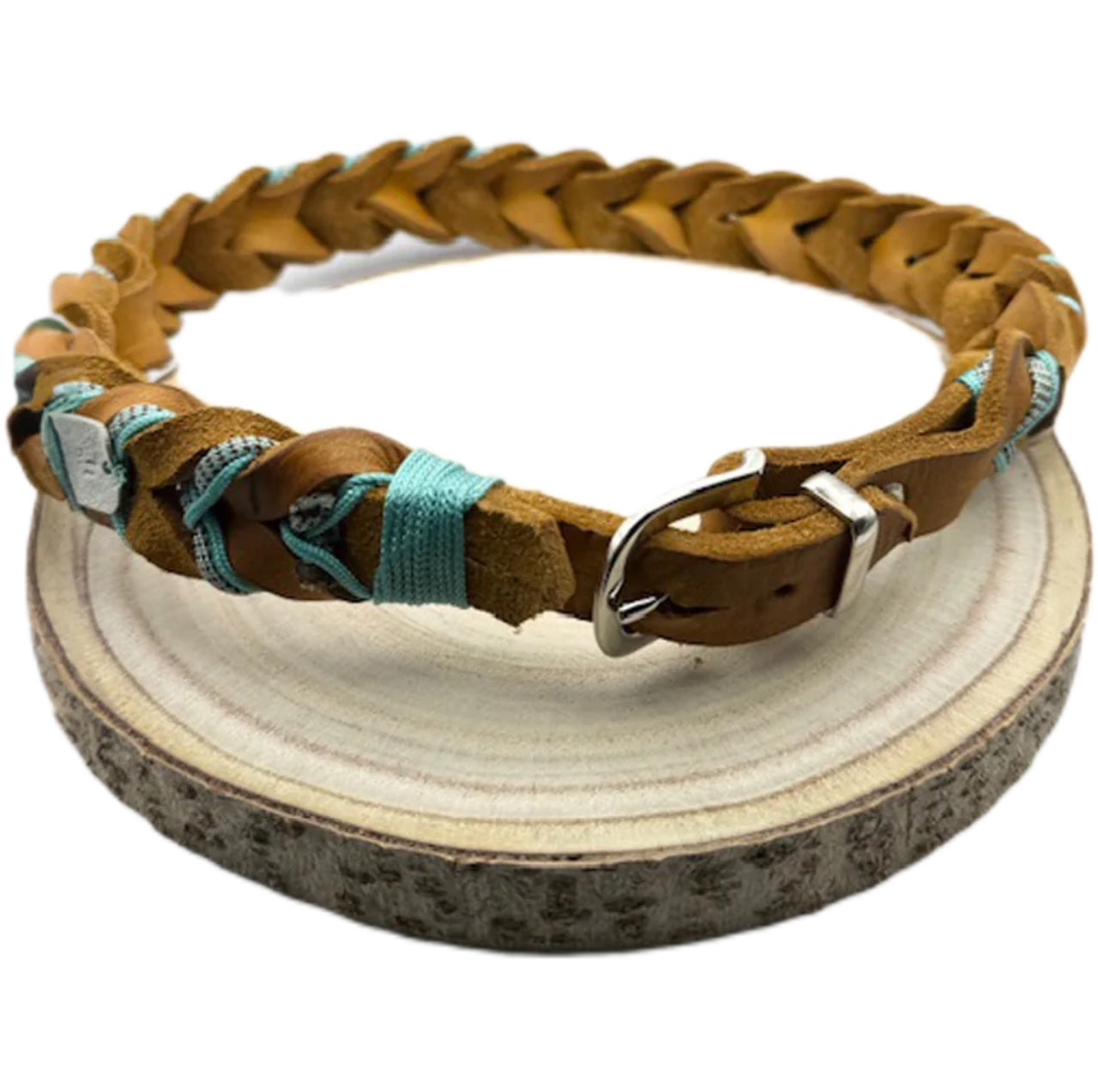 Collare in cuoio marrone per cani, con intreccio in paracord, resistente, a marchio Orme Differenti