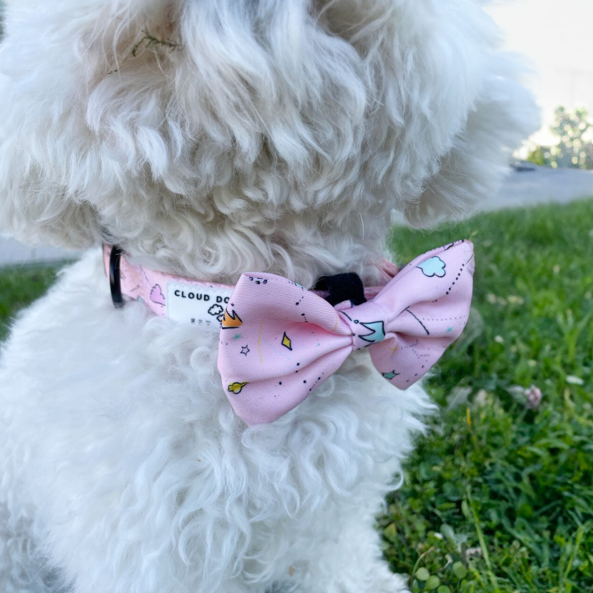 Fiocco per cani in cotone, rosa, fantasia, lavabile a mano, di Cloud Doodles, distribuito da Orme Differenti