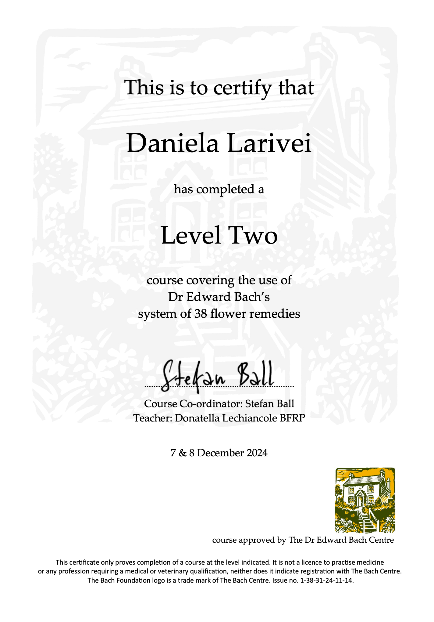certificato secondo livello fiori di bach, daniela larivei, orme differenti