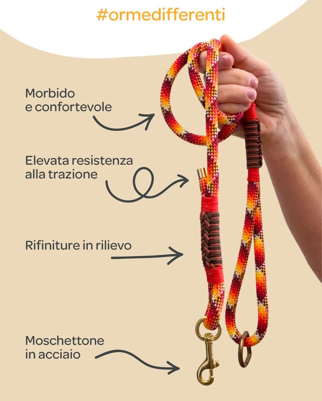 Guinzaglio in paracord, resistente e durevole, tonalità arancione, rifiniture in rilievo, moschettone e gancio di Orme Differenti
