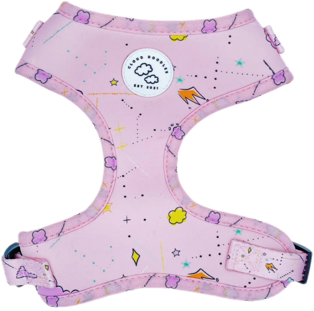 Pettorina rosa per cani, disponibile in diverse taglie, regolabile e lavabile, a marchio Cloud Doodles distribuita da Orme Differenti