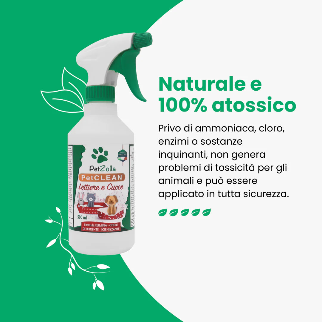 Spray per lettiera e cuccia, elimina odori, naturale e atossico in quanto privo di ammoniaca, a marchio Petzolla, distribuito da Orme Differenti
