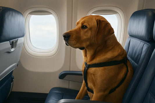 cani in aereo, cane marrone e grande seduto in cabina, orme differenti