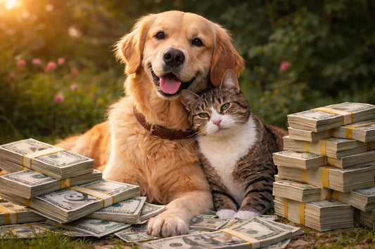 caro vita pesa anche sugli animali domestici, nella foto cane e gatto con soldi, orme differenti