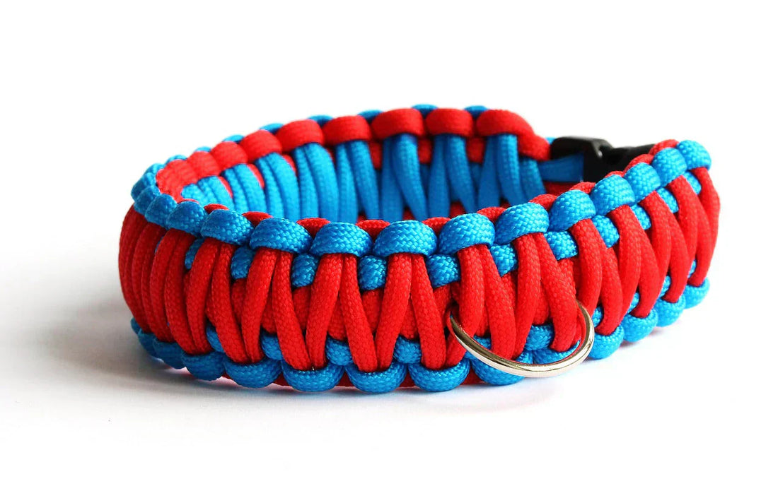 collare paracord, collare rosso e azzurro, orme differenti