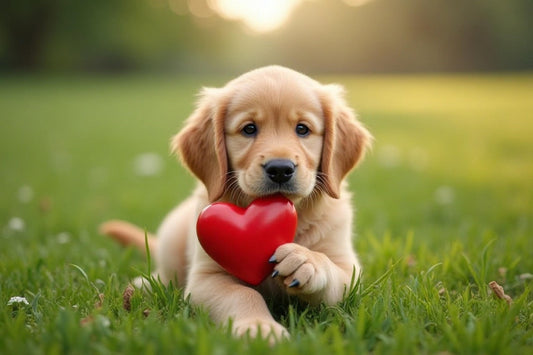 Come festeggiare San Valentino con il nostro pet, cane cucciolo in un prato con un cuoricino rosso, orme differenti
