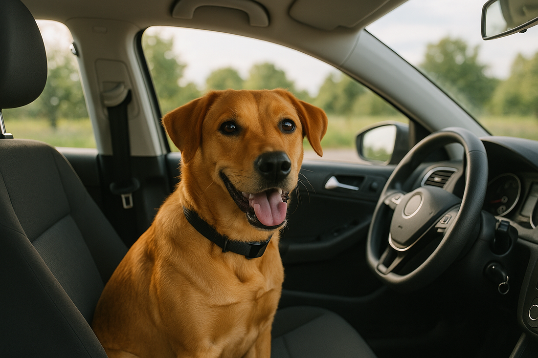 il cane soffre la macchina, cane marrone in auto, posto guidatore, orme differenti
