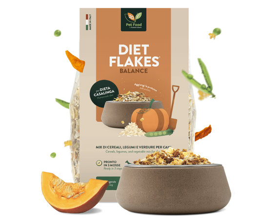 Diet Flakes balance è il mangime complementare per cani, una speciale miscela di cereali, legumi e verdure, ideale per diete casalinghe, di GIanni Guidolin by Orme Differenti