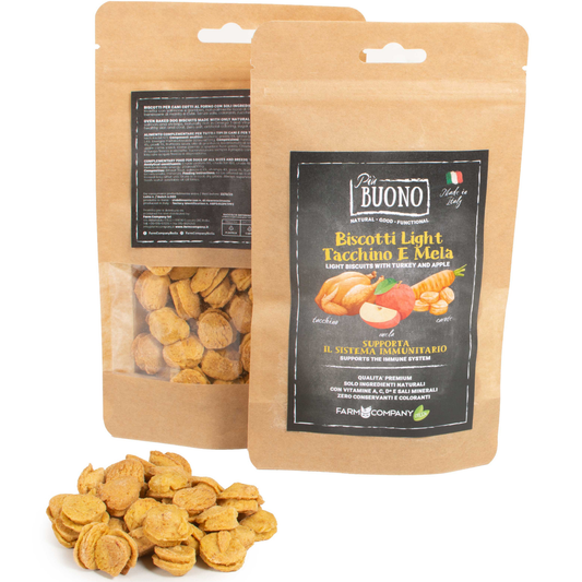 Biscotti light con tacchino, mela e carota, per cani adulti anche in sovrappeso, qualità premiium, di Farm Company distribuito da Orme Differenti