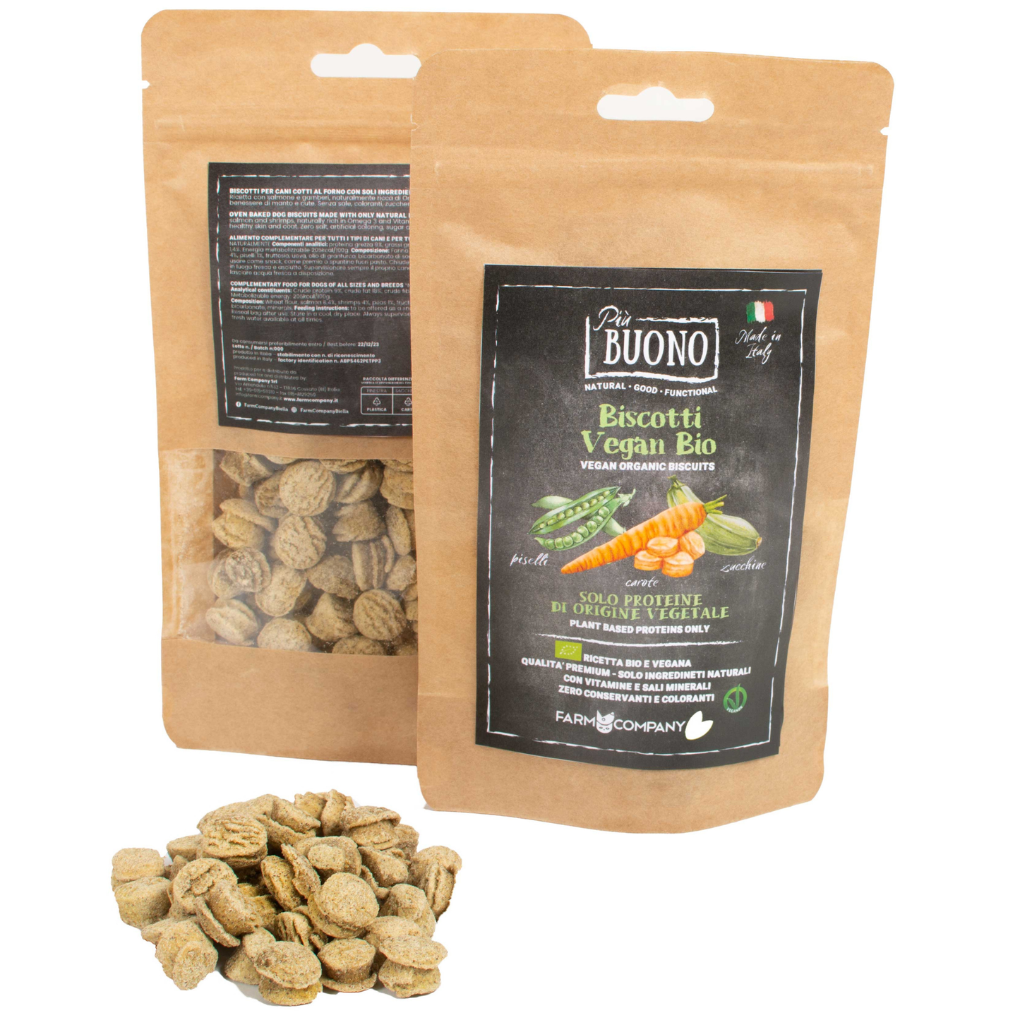 Biscotti vegan bio per cani, con piselli, carote e zucchine, ideali come premio, di Farm Company distribuito da Orme Differenti
