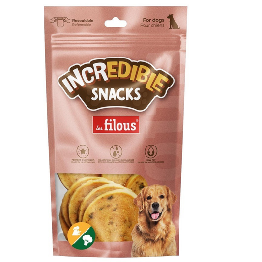 Chips di pollo con broccoli per cani adulti di tutte le taglie, ideali come premio, confezione chiusa, di Farm Company distribuito da Orme Differenti