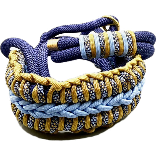 Collare e guinzaglio in Paracord per cani di taglia media, retriever, colori sul tono del blu, morbido e spesso - Orme Differenti