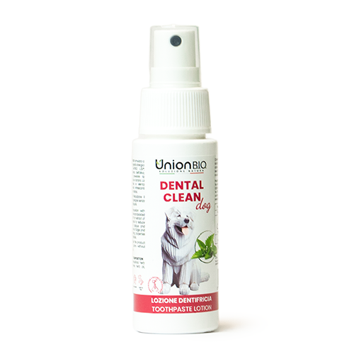 dental clean, Lozione dentifricia per cani di Union Bio, sbiancante e detergente, facile da applicare, distribuito da Orme Differenti
