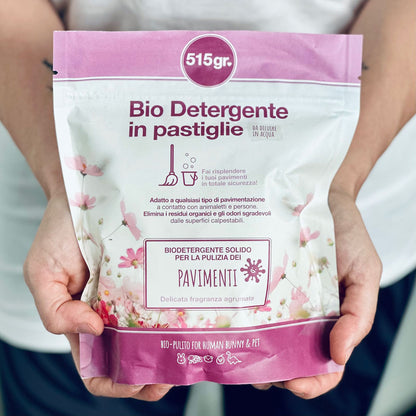 Detergente bio in pastiglie solide per pavimenti, marchio 515 grammi, fronte confezione - Orme Differenti