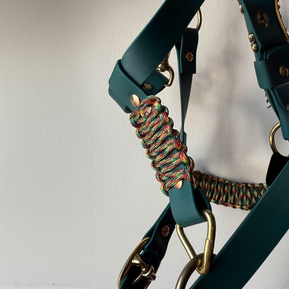 Dettaglio paracord capezza in biothane per cavallo di Orme Differenti, verde, resistente e lavabile