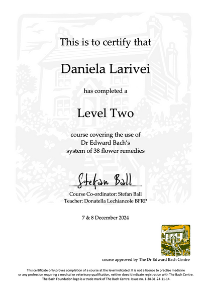 certificato secondo livello fiori di bach, daniela larivei, orme differenti