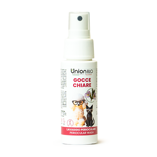 Gocce Chiare, detergente occhi di cani e gatti, con eufrasia e camomilla, utile per asportare croste e muco intorno agli occhi, di union bio, distribuito da Orme Differenti