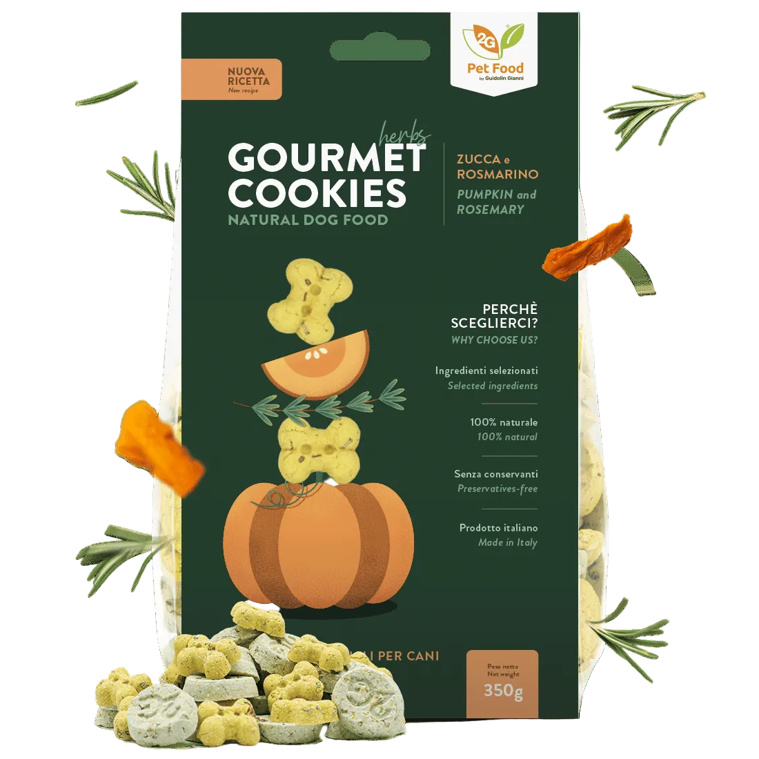 Gourmet Cookies Herbs con zucca e rosmarino, biscotti per cani, confezione da 350 gr, di Gianni Guidolin, by Orme Differenti