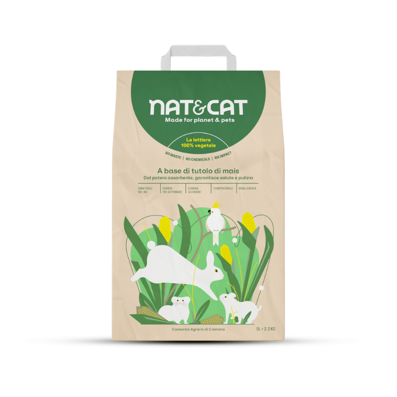 Lettiera vegetale a base di tutolo di mais Nat&Cat di Consorzio Agrario Cremona, per roditori, molto assorbente, disstribuita da Orme DIfferenti