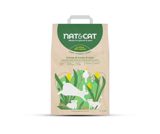 Lettiera vegetale a base di tutolo di mais Nat&Cat di Consorzio Agrario Cremona, per roditori, molto assorbente, disstribuita da Orme DIfferenti