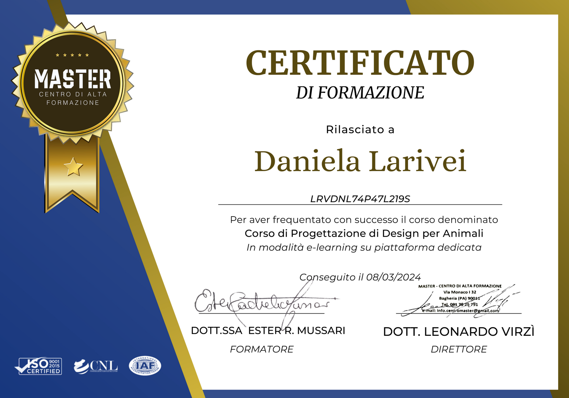 corso design per animali, certificato di daniela larivei, orme differenti