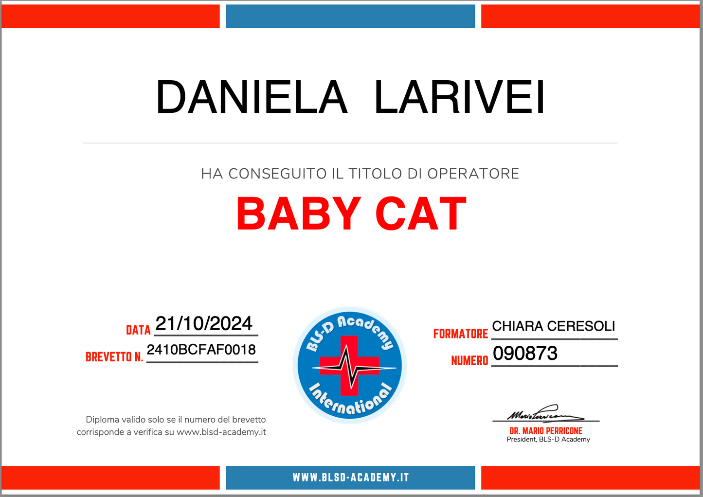 master pet sitter light, certificato baby cat di daniela larivei, orme differenti