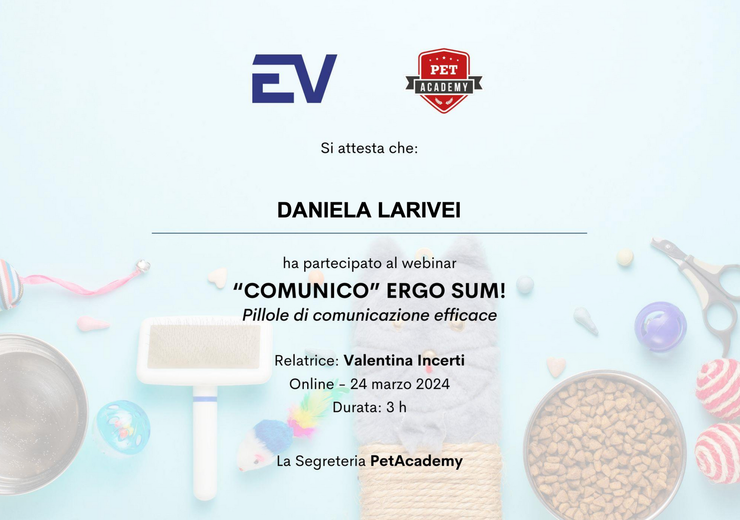 come diventare pet sitter, attestato di daniela larivei sulla comunicazione efficace, orme differenti