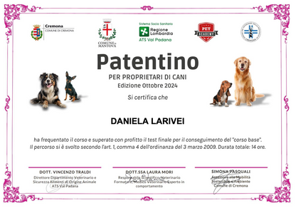 patentino per proprietari di cani, attestato di daniela larivei, orme differenti