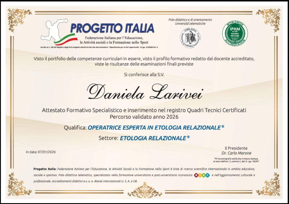 master pet sitter strong, attestato di daniela larivei in etologia relazionale, orme differenti