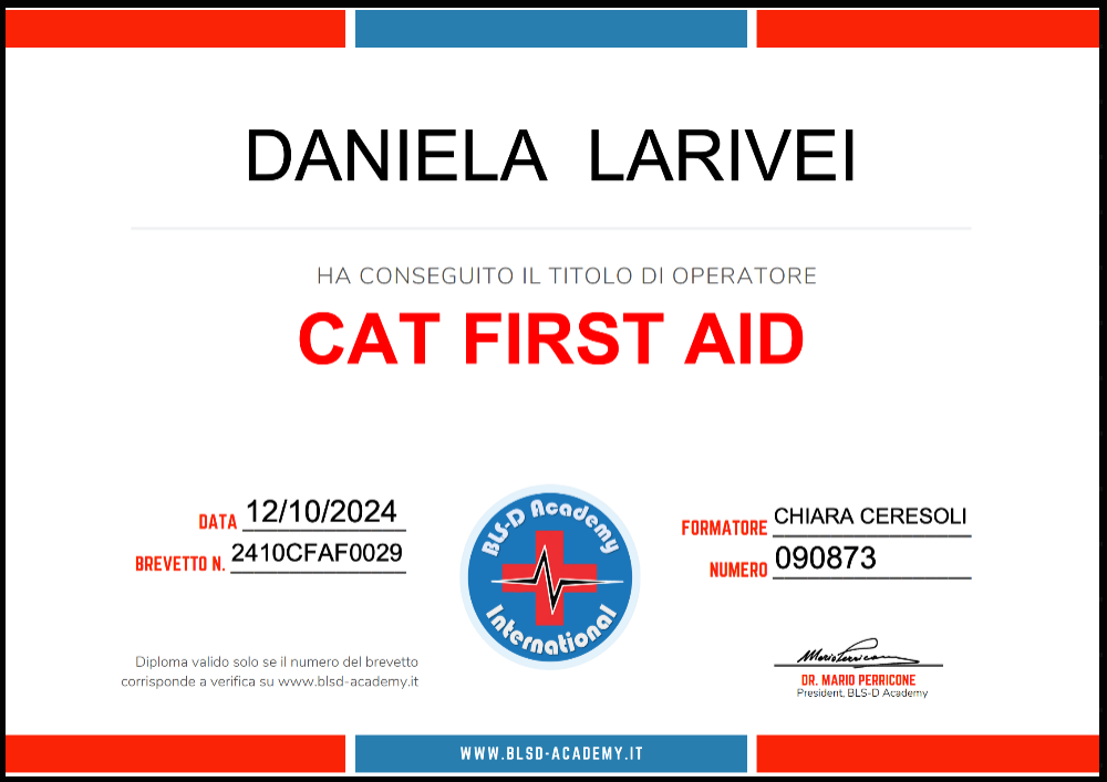 corso cat sitter, attestato in cat first aid di daniela larivei, orme differenti