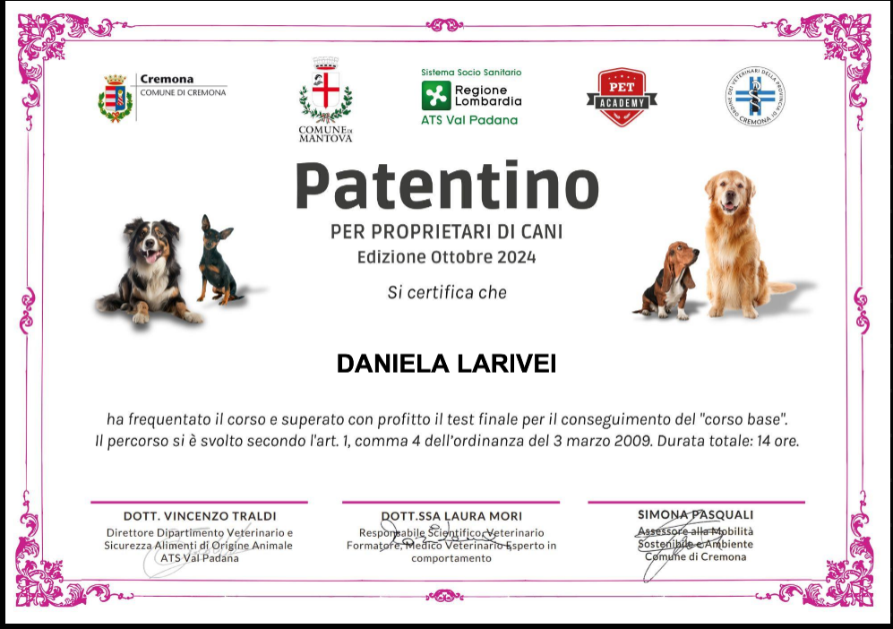 patentino per proprietari di cani, attestato di daniela larivei, orme differenti