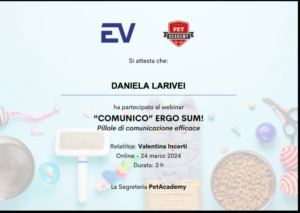 corso pet sitter, attestato di comunicazione efficace di daniela larivei, orme differenti