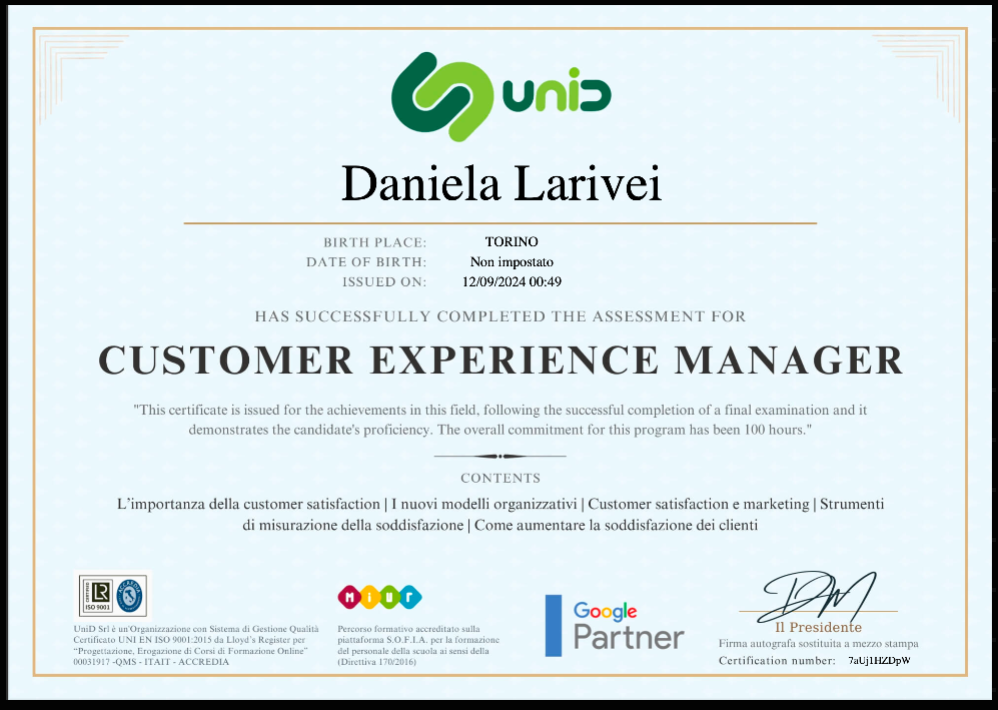corso pet sitter on demand, attestato di customer experience manager di daniela larivei, orme differenti