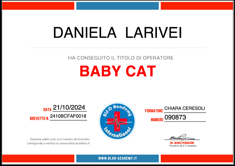 master pet sitter strong, attestato di baby cat di daniela larivei, orme differenti