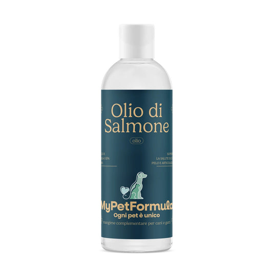 Olio di salmone per cute, per cani, rinforza il sistema immunitario e le articolazioni, migliora pelo e cute, di My Pet Formula by Orme Differenti