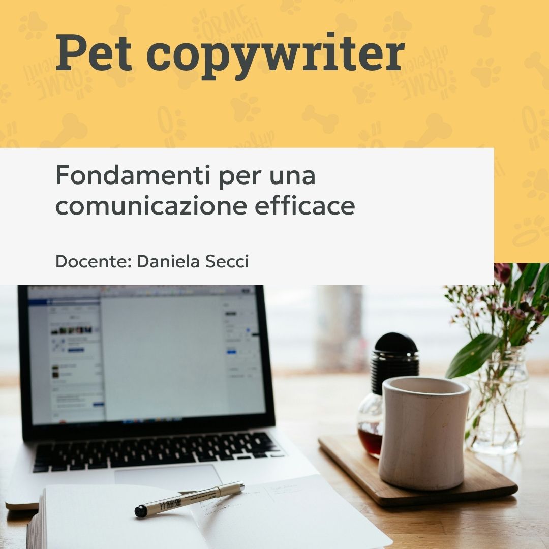 pet copywriter, fondamenti per una comunicazione efficace, computer con quaderno e penna, orme differenti