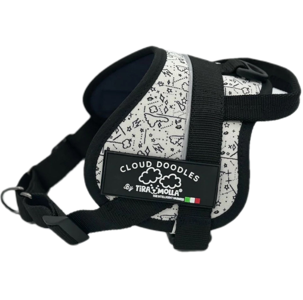 Pettorina per cani anti tiro e anti fuga, educativa, personalizzabile, impermeabile a marchio Cloud Doodle by Tira Molla distribuita da Orme Differenti