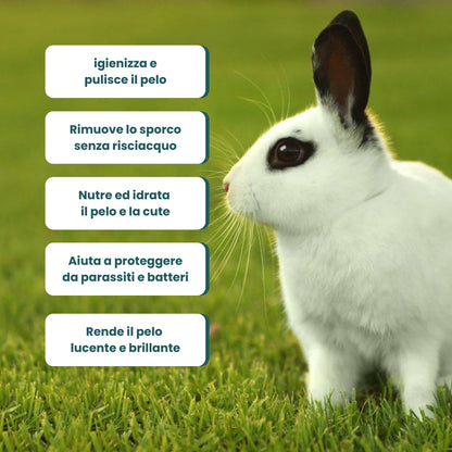 Shampoo a secco per conigli di Petzolla distribuito da Orme Differenti, igienizzante, senza risciacquo, nutriente, idrantante, protettivo
