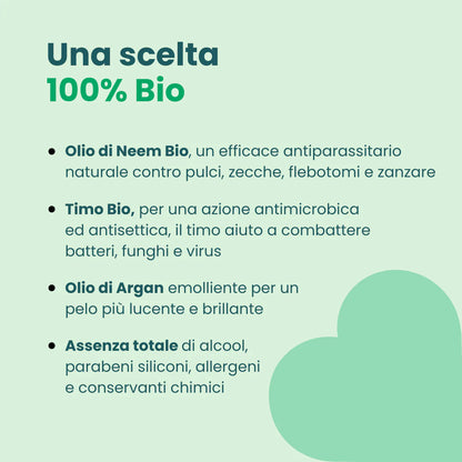 Shampoo a secco per conigli di Petzolla distribuito da Orme Differenti, bio, con olio di neem, timo, olio di argan, senza alcool e parabeni
