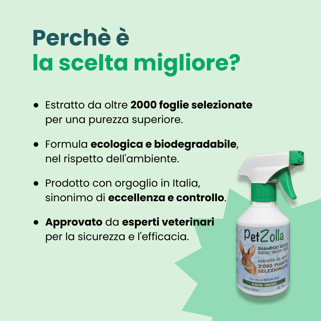 Shampoo a secco per conigli di Petzolla distribuito da Orme Differenti, ecologico e biodegradabile, made in Italy