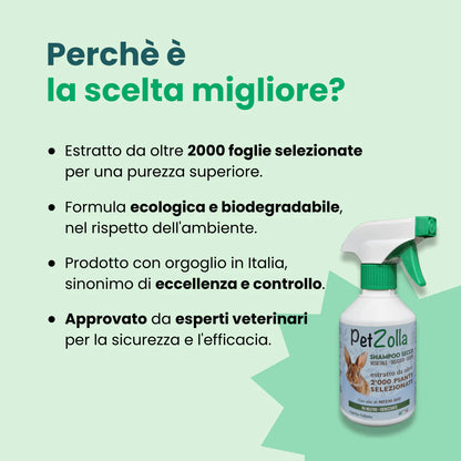 Shampoo a secco per conigli di Petzolla distribuito da Orme Differenti, ecologico e biodegradabile, made in Italy
