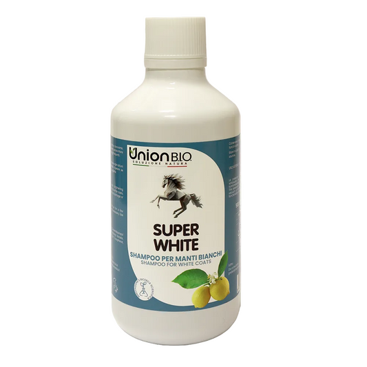 Shampoo manti bianchi per cavalli Super White di Union Bio by Orme DIfferenti, elimina le macchie gialle e rispetta il pH fisiologico dell'animale