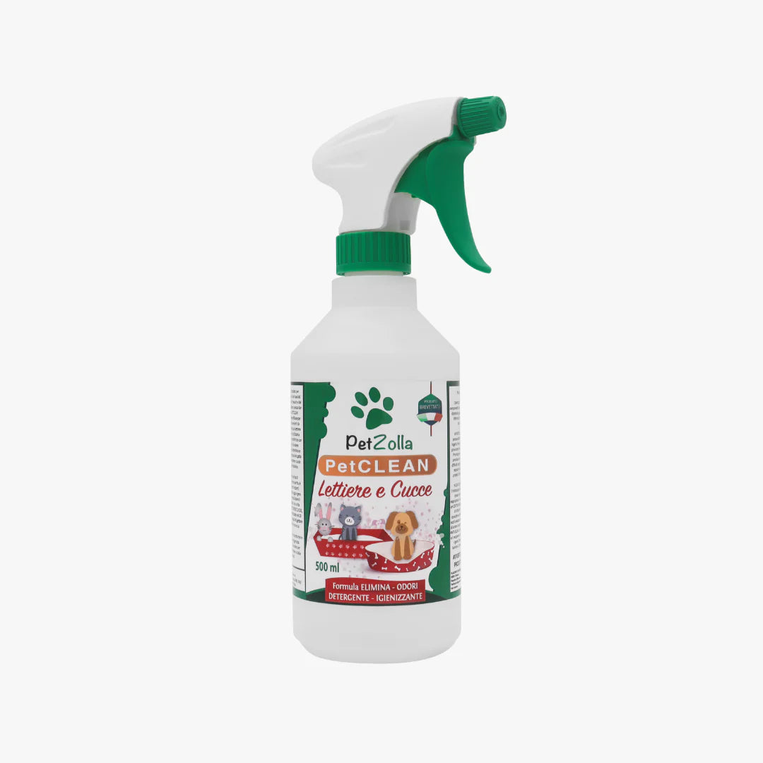 Spray per lettiera e cuccia, elimina odori, non infastidisce il delicato olfatto  dell'animale, a marchio Petzolla, distribuito da Orme Differenti